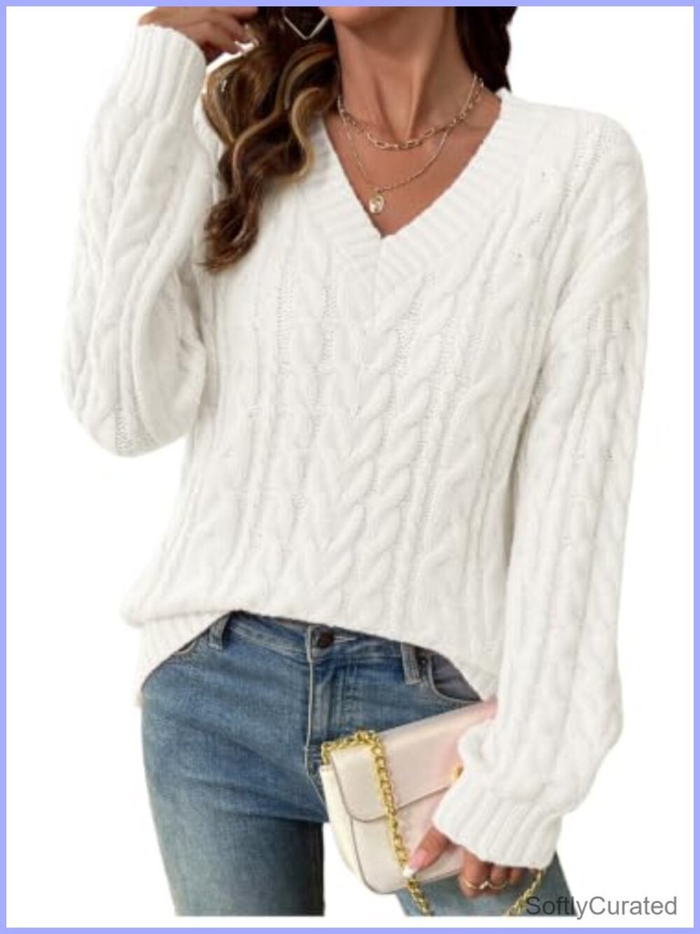 Cable Knit V Neck Oversized Sweater Long Sleeve Off Shoulder